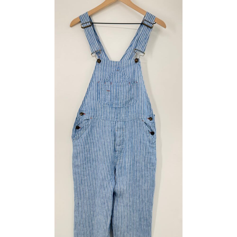 Faherty Blue Linen Mechanic Overalls Skyway Railroad Stripe Jumpsuit Small - Picture 3 of 11